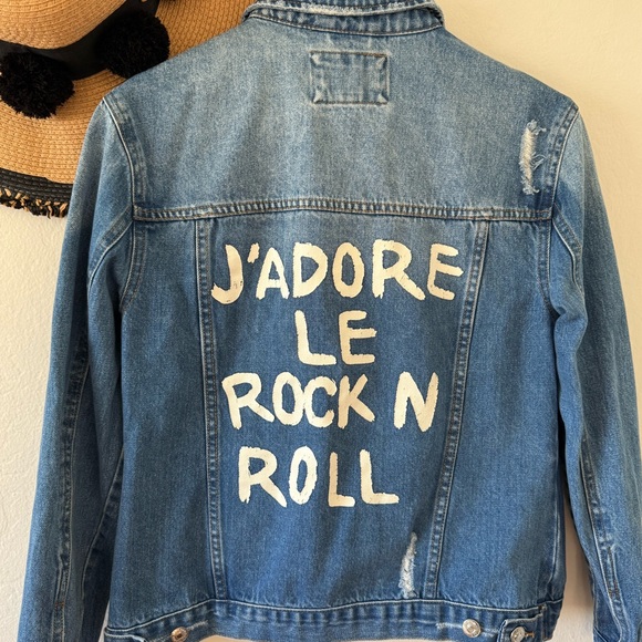 Forever 21 J’adore Le Rock N’ Roll Distressed Blue Denim Jean Jacket Small - Picture 7 of 13